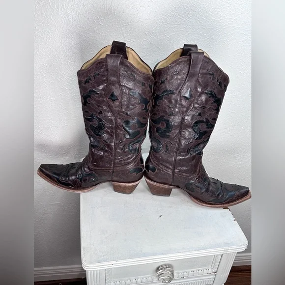 Corral chocolate black vintage goat overlay pointed toe cowgirl boots size 8M - Picture 2 of 8